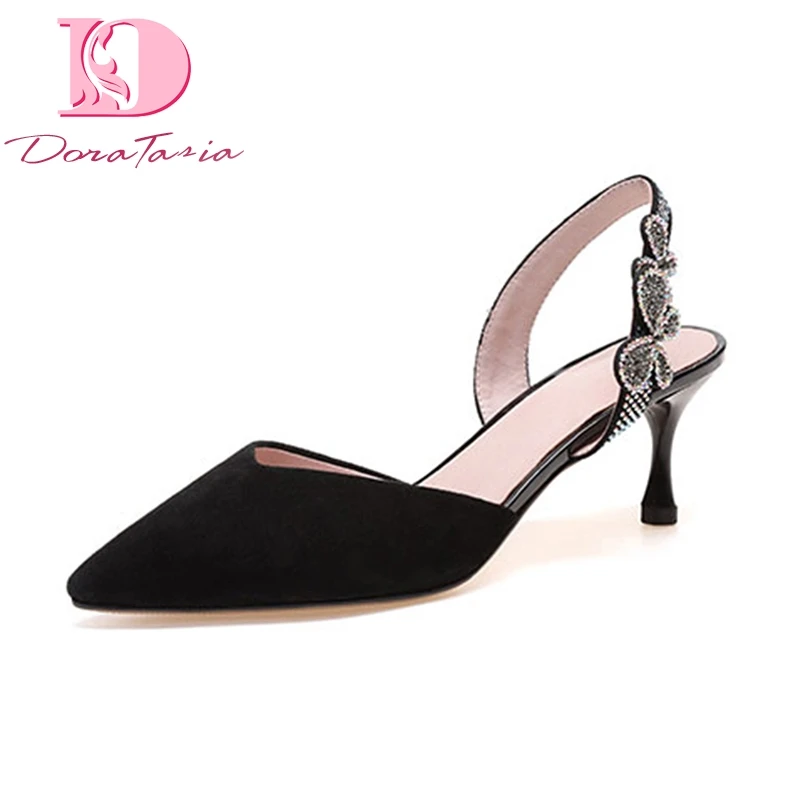 

Doratasia 2018 Kid Suede Genuine Leather Summer Black Crytal Sandals Shoes Women Thin High Heels Pointed Toe Woman Shoes