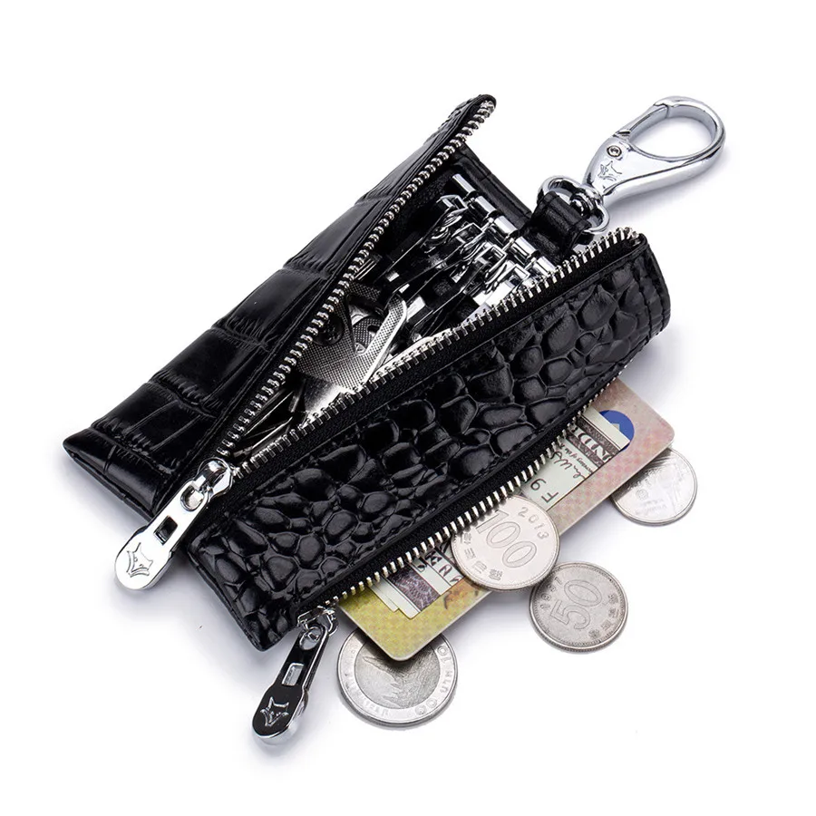 

Split Leather Key Holder Ultrathin Men's Zipper Key Bag Crocodile Pattern Multifunctional Women Keys Organizer Mini Coins Pouch