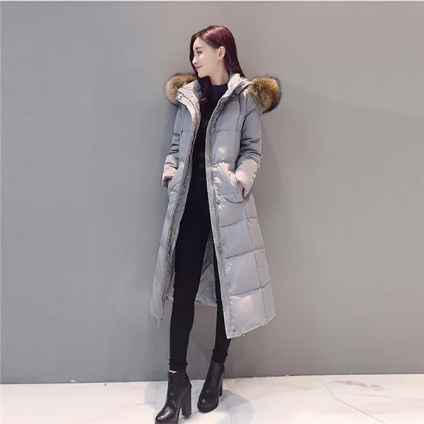 Real Raccoon Fur White Duck Down Coat Winter Jacket Women Long Warm Solid Color Hooded Parka Plus Size Snow Outwear Okb167 - Цвет: gray real fur