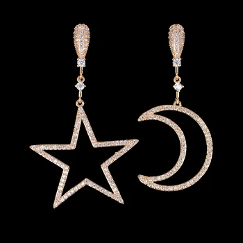 

SisCathy Hot Full Cubic Zirconia For Women Party Jewelry Romantic Lovely Clear Stone Asymmetry Star&Moon Pendant Earrings