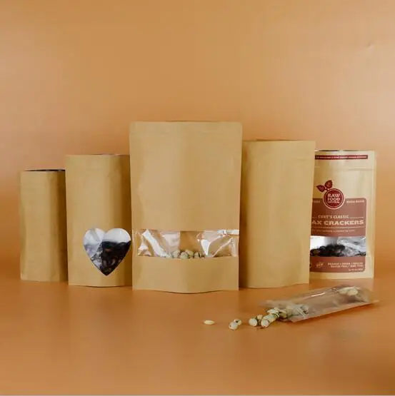 100pcs 20*30cm Zip lock Kraft Paper Window Bag Stand up Gift dried food