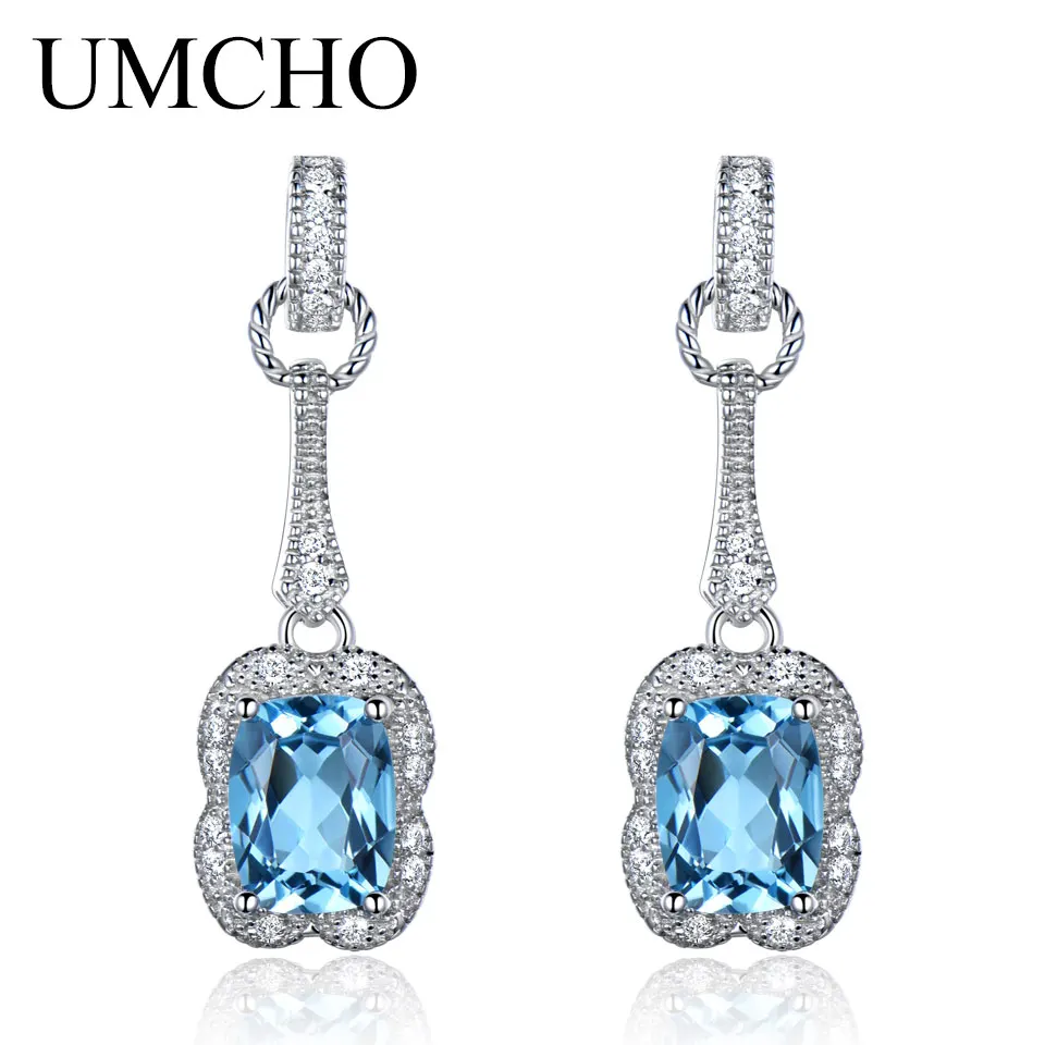 UMCHO 3.2CT Природный Голубой топаз драгоценный камень серьги 925 стерлингового