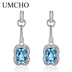 UMCHO 3.2CT натуральный голубой топаз Серьги с драгоценными камнями 925 пробы серебряные для женщин ювелирные украшения вечерние 2018 Новы