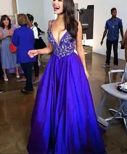 Royal Blue 2016 Prom Kleider Applique Perlen Formales Langes Satin Abendkleider Mit Sexy V-ausschnitt Reißverschluss Zurück