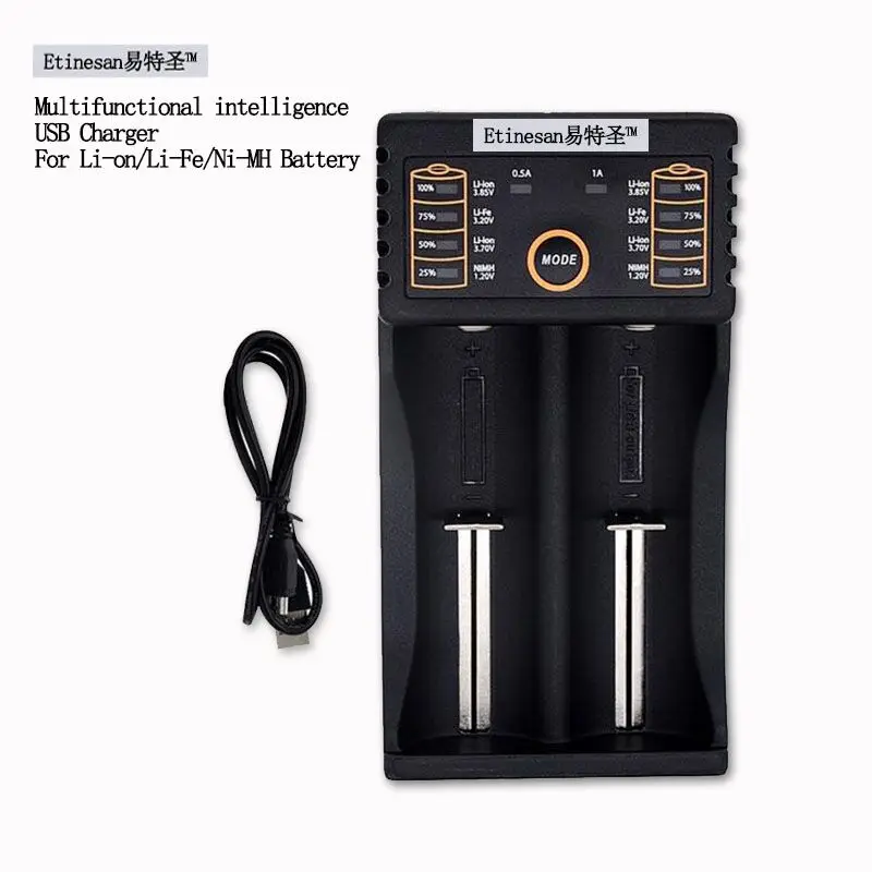 

Etinesan 2 Slot USB Battery 18650 14500 14550 16340, 17355, 17500, 17670, 18490, Charger For Ni-MH Li-ion LiFePO4 Battery