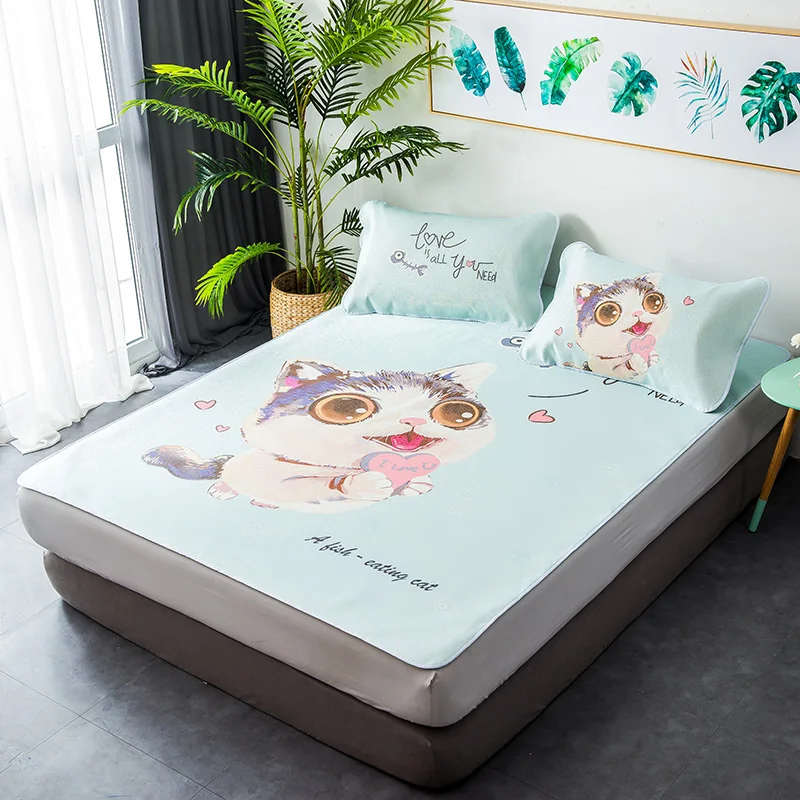 

Cartoon Summer Sleeping Bed Mat Foldable Bed Topper Sheet Cute Cats Summer Ice Silk Sleeping Mat Bed Mattress Protector Cover