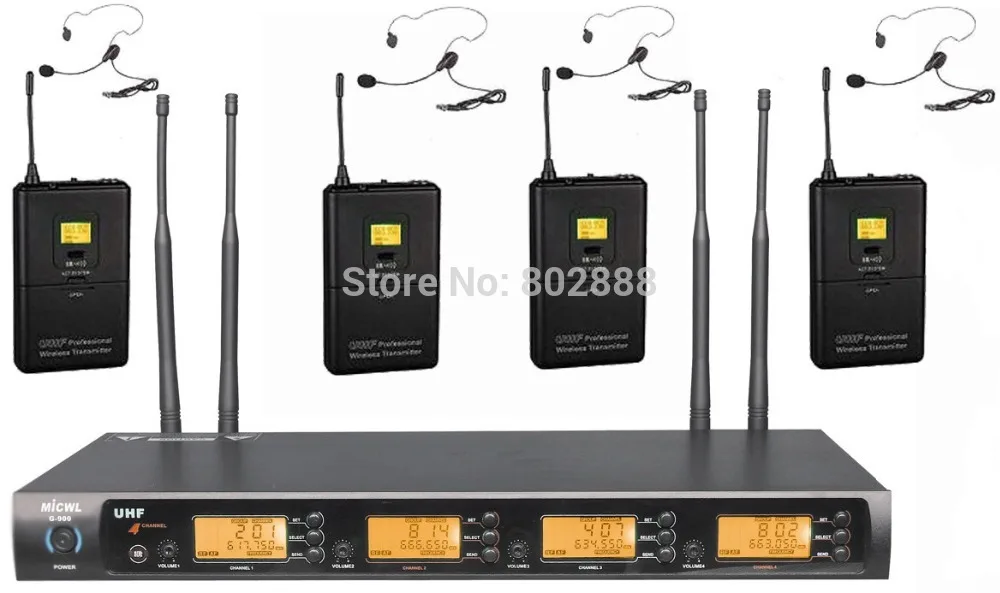 

MICWL 4x800 Channel UHF Diversity Wireless 4 Headset with Bodypack DJ Karaoke Microphone Mic Set System