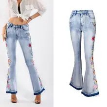 Лето Новое поступление Модные расклешенные брюки с вышивкой средняя талия эластичные узкие женские джинсы длинные брюки женские S/4XL D183