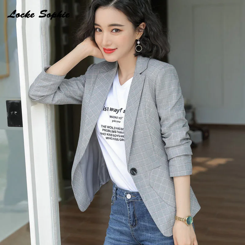 1pcs Women's Plus size Blazers coats 2019 Autumn cotton blend plaid Small pockets Small Suits jackets ladies Skinny Blazers Suit