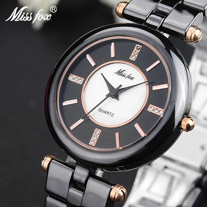 

Miss Fox Black Ceramic Watch Fashion Brand Rose Gold Relog Women Ceramic Gift For Girls Butterfly Button Quartz Wrist Watches