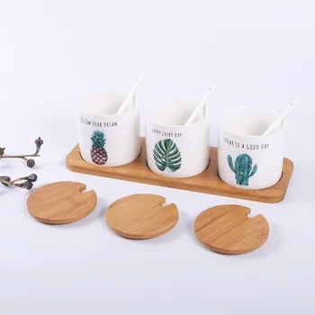 

Ceramic Seasoning box set Rack Spice Pots Bowls With Spoon & Porcelain Box Bamboo Cover - Storage Container Condiment Jars