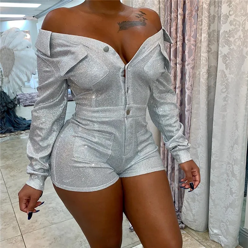 

Sexy bodysuit tracksuit rompers womens jumpsuit skinny sequins v-neck long sleeve pockets playsuits overalls combinaison femme