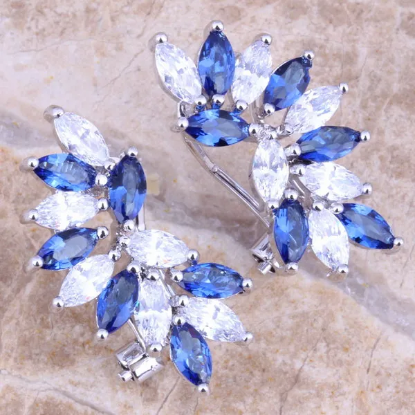 

Blue Cubic Zirconia White CZ 925 Sterling Silver Clip Huggie Earrings For Women S0238