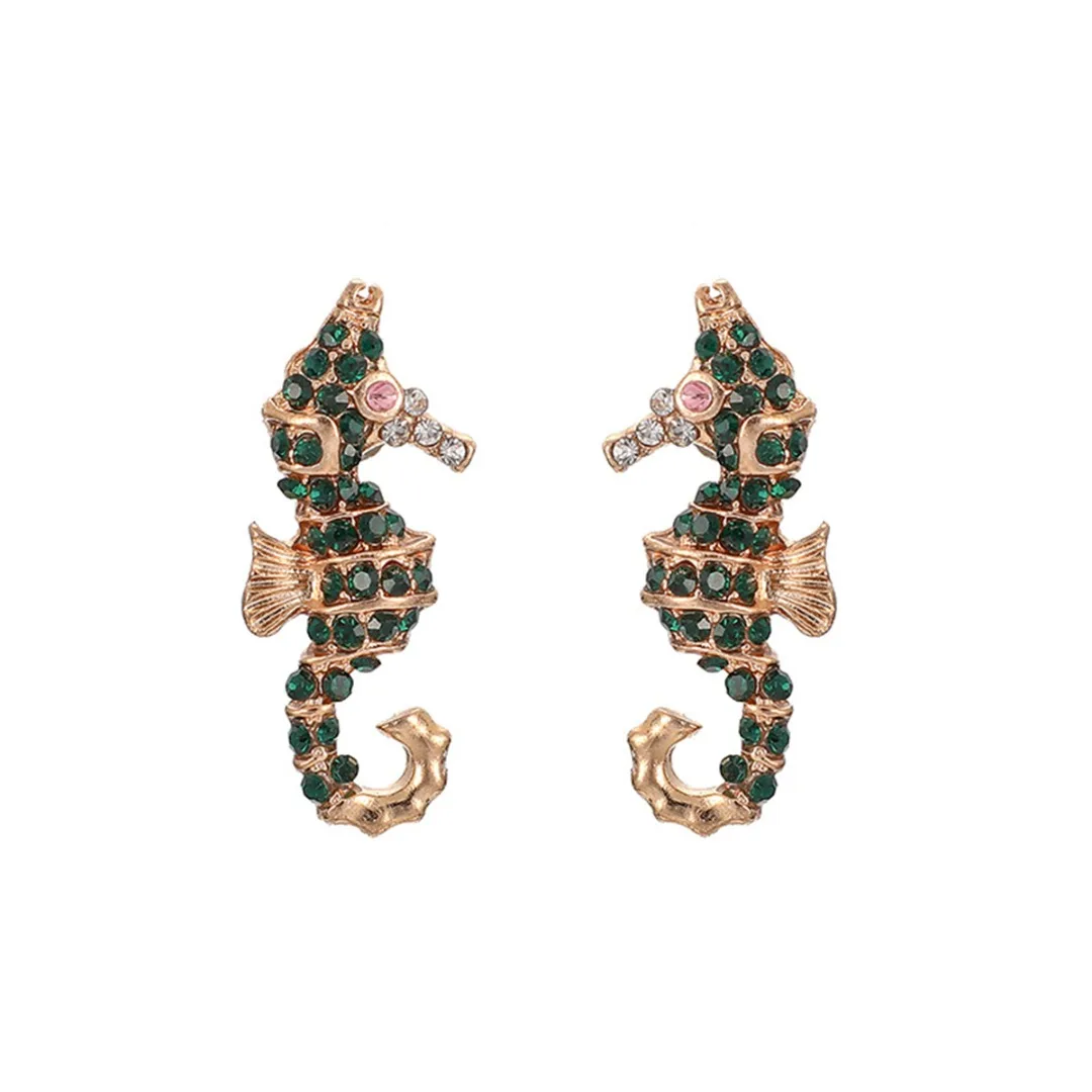 

New Women Sea Horse Earring Stud Punk Crystal Ocean Sea Animal Hippocampus Vintage Earring Exaggerated Jewelry Shellhard