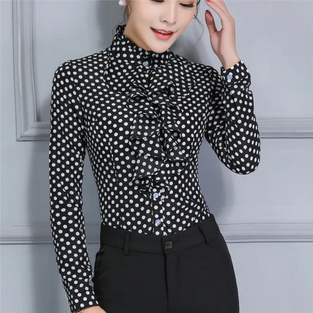 Women Career Fitted Polka Dot Lace Tops Ruffle High Neck Long Sleeve ...