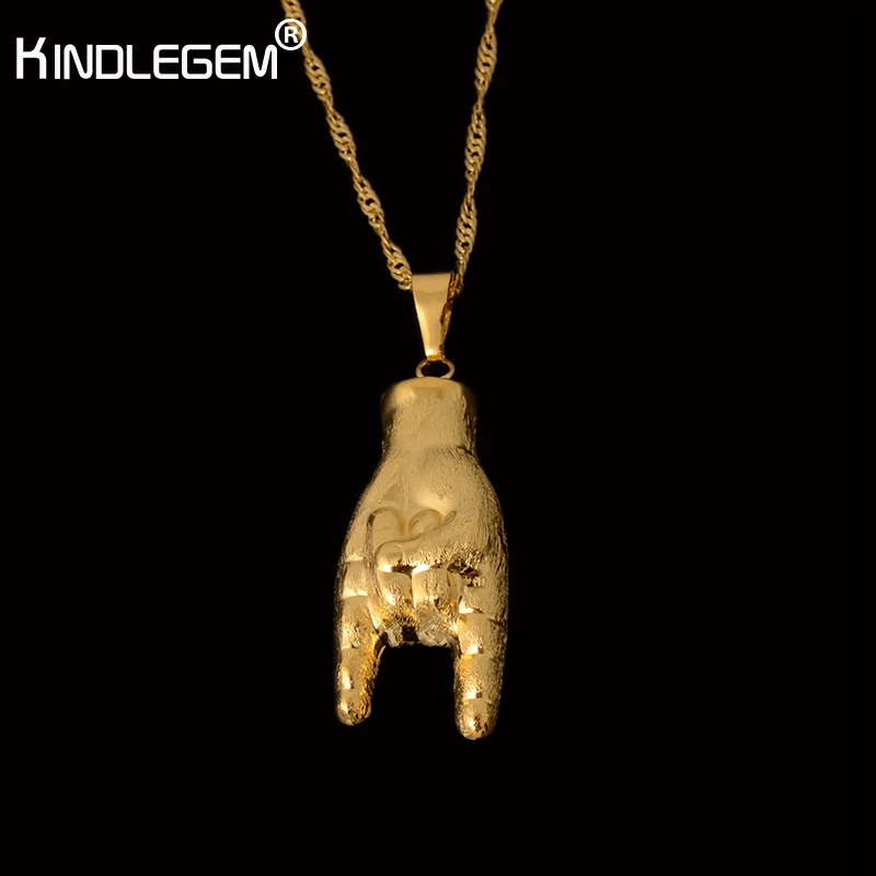 

Kindlegem Wholesale Pure Gold Color Rock Gestures Finger Necklace Pendant For Women African Dubai Italy 750 High Quality Bijoux
