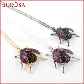 

BOROSA Micro Pave CZ Beetles Pendant Necklace for Women,Mixed Crystal Zirconia Insects Ladybugs 18'' Chain Necklace WX833-N