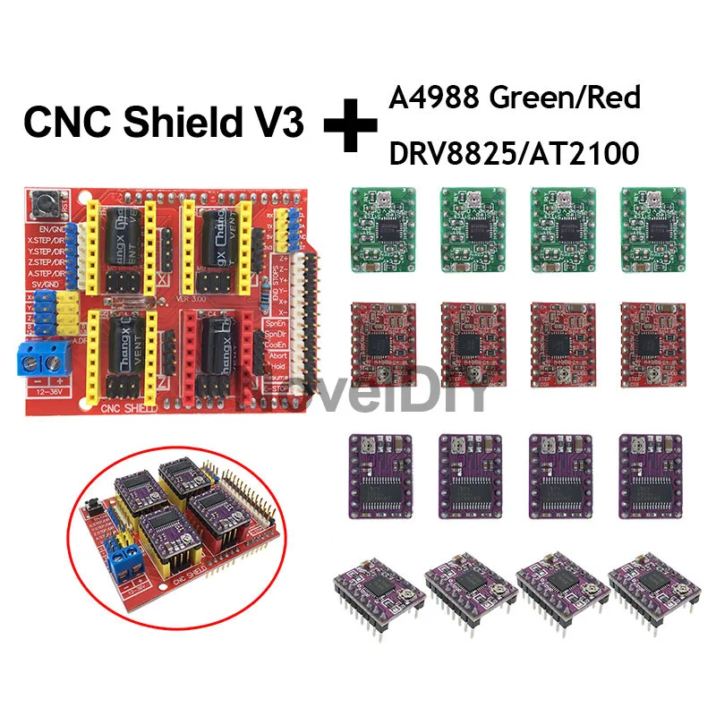 

CNC Shield V3 Engraving Machine 3D Printer + 4pcs A4988/DRV8825/AT2100 Stepper Motor Driver Expansion Board for Arduino UNO R3