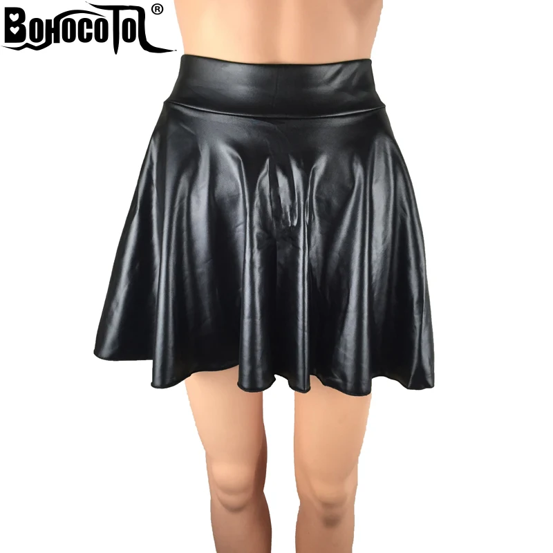 

BOHOCOTOL Drop shipping new high waist faux leather skater flare skirt casual mini skirt above knee solid color black skirt