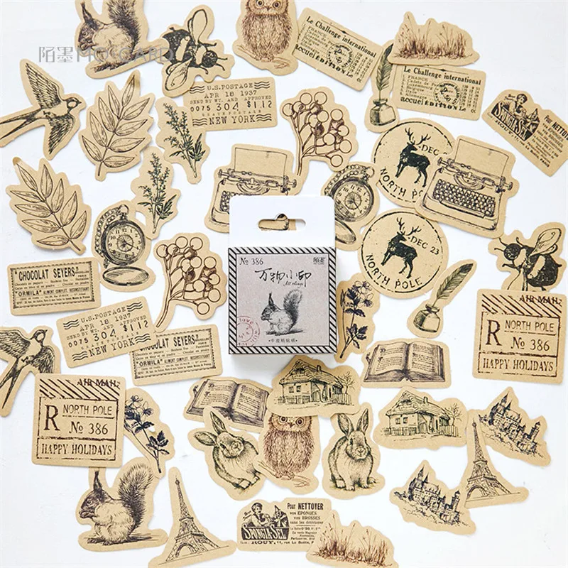 

46Pcs/box Creative Vintage Animals Plants Kraft Paper Stickers Flakes For Diary Decoration Diy Scrapbooking Stationery Sticker