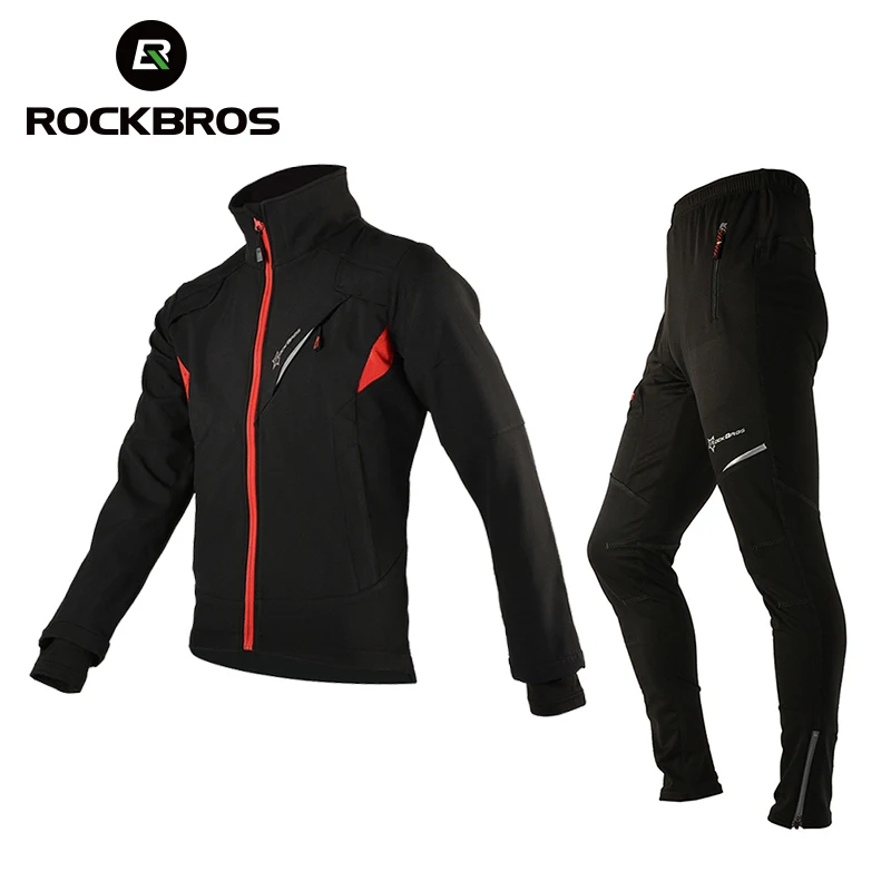 ROCKBROS Cycling Jersey Sets Winter Thermal Fleece Cycling Clothing Windproof Riding Bicycle Reflective Jacket Sportswear Pants