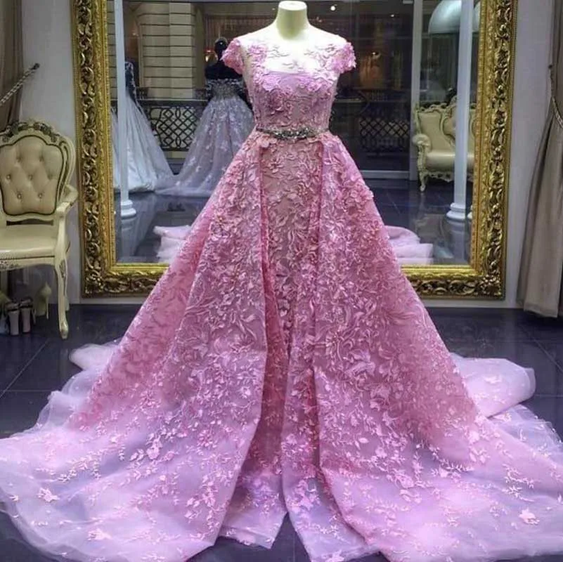 Платье для выпускного вечера со съемным шлейфом 2019 роскошное розовое кружевное
