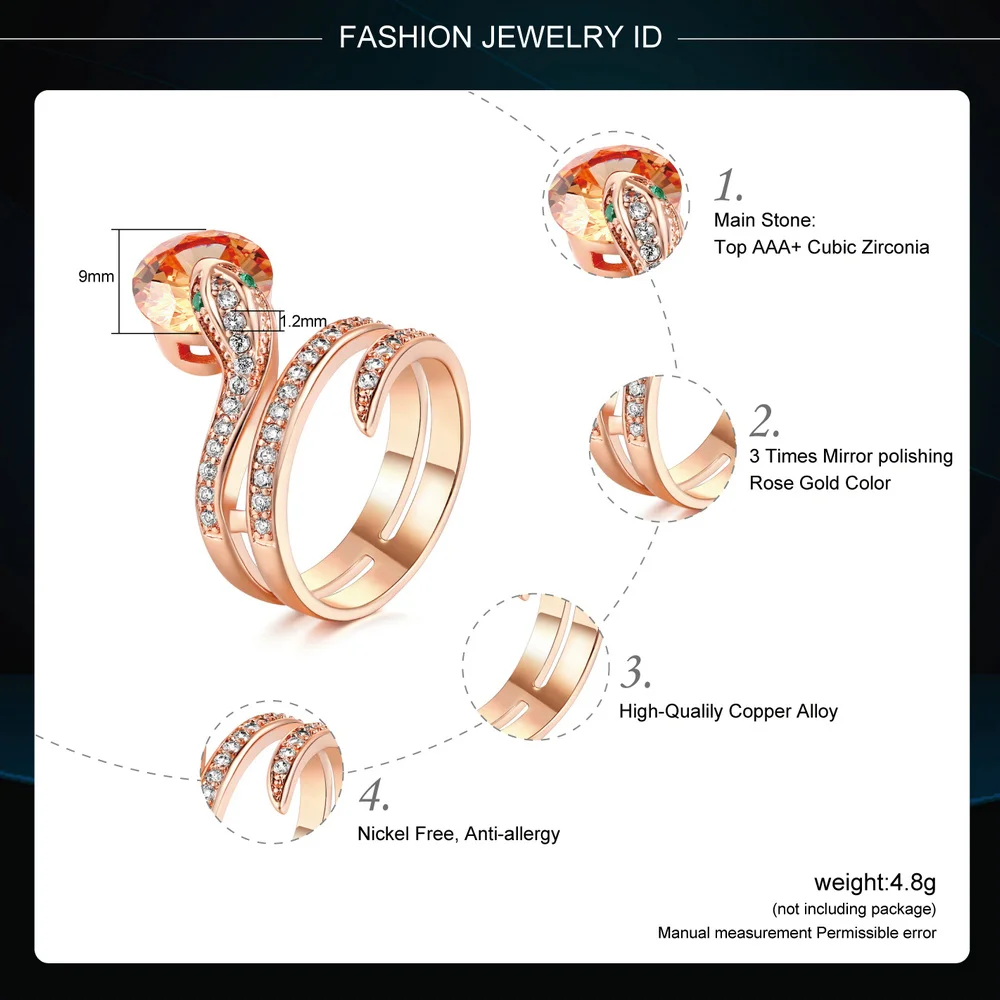Top Quality R149 Snake Show Bead Ring Rose Gold Color Austrian Orange Crystals Full Sizes Rings for Women Wholesale