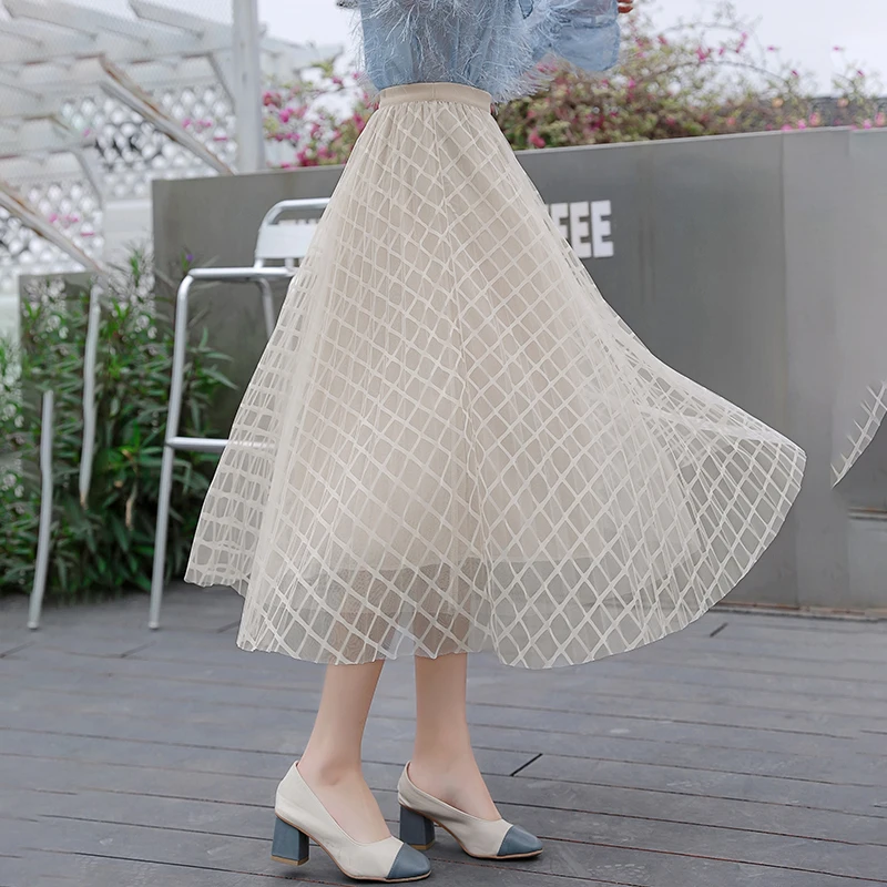 Тюлевая юбка весна лето сетка клетчатая сетка длинные юбки Женская эластичная высокая талия тюль сетка юбка женская Jupe Longue