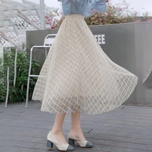 Тюлевая юбка весна лето сетка клетчатая сетка длинные юбки Женская эластичная высокая талия тюль сетка юбка женская Jupe Longue