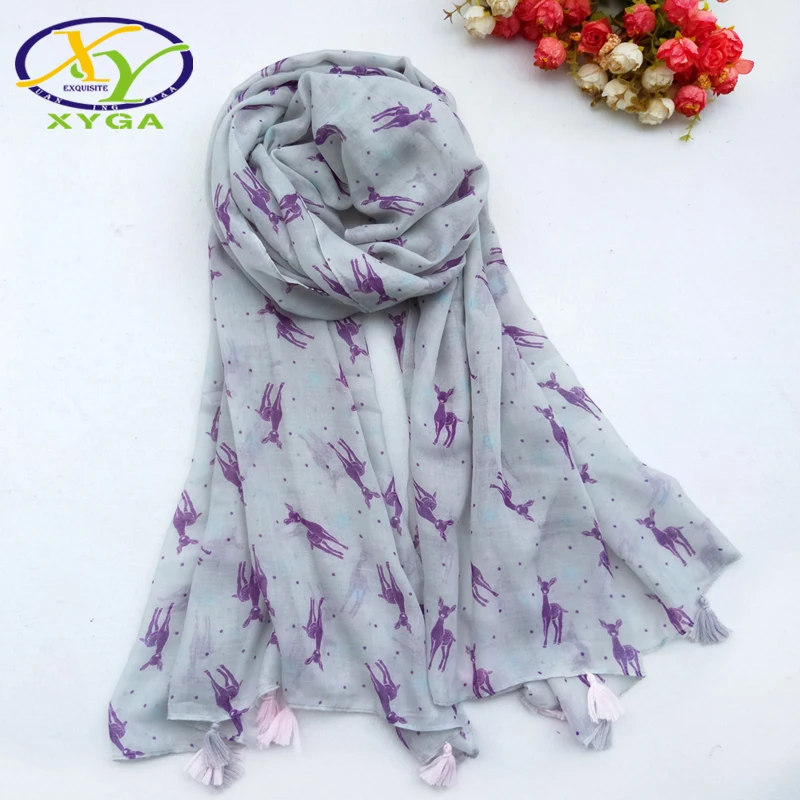 

1PC Women Cotton Long Scarf Cute Deer Printed Autum Fashion Fringes Viscose Ladies Shawls Spring Thin Summer Soft Wraps Winter
