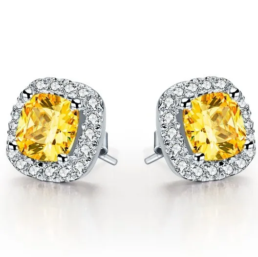 

THREEMAN 1CT/Piece Cushion Solid White Gold Women Earrings Synthetic Diamonds Stud Women Yellow Engagement Earrings Stud Halo