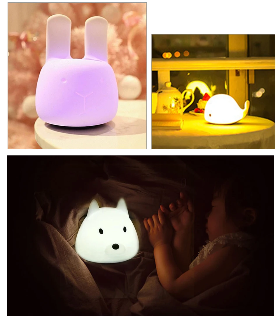 Night Light Lovely Sleeping Lamp Baby Room PandaRabbitDogDolphin Cartoon Animal Silicone Touch Sensor Tap Control Nightlight (13)