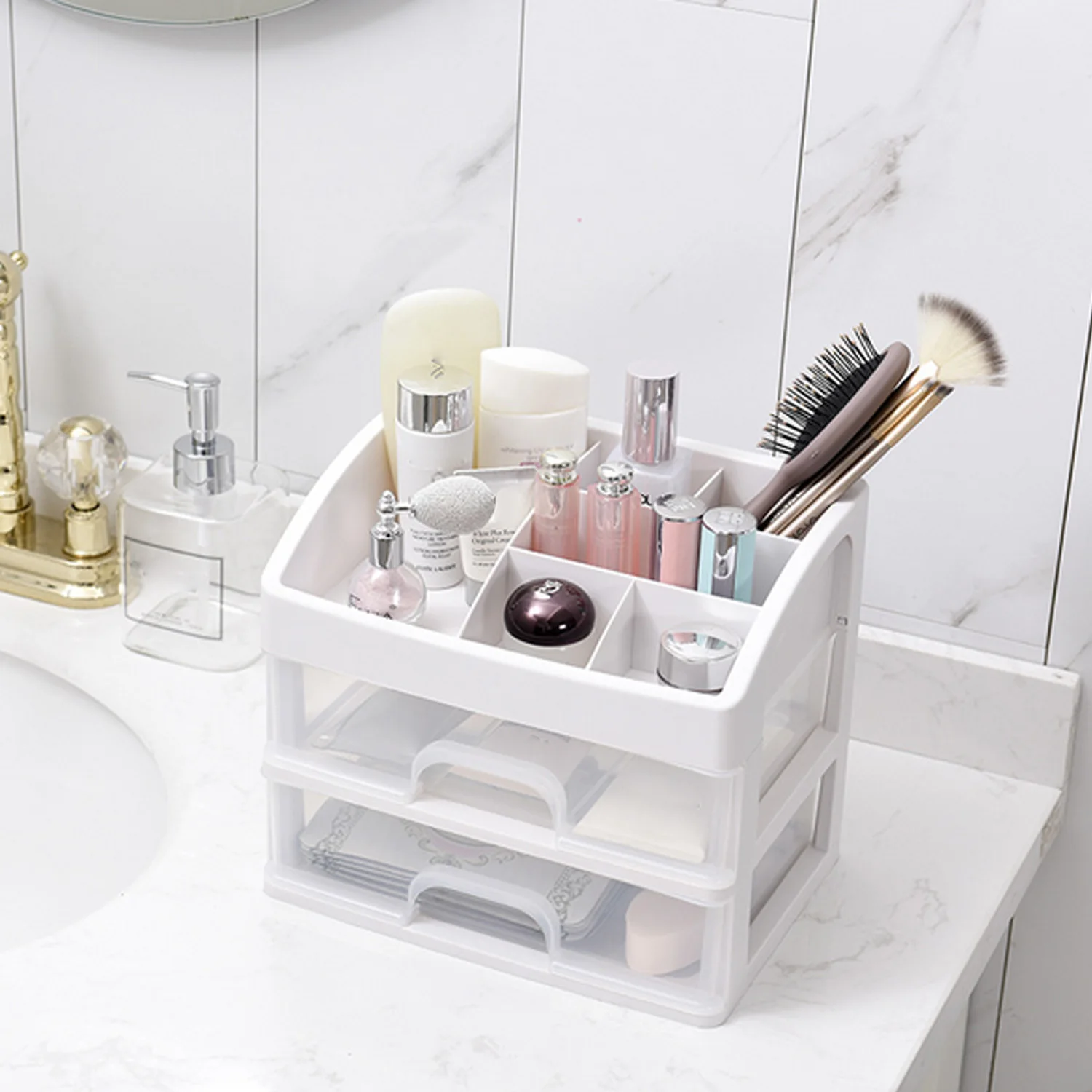 

3-layers Protable Cosmetic Jewelry Stationery Drawers transparent Plastic Make up Brushes Cosmetic Lipsticks Storage Drawers