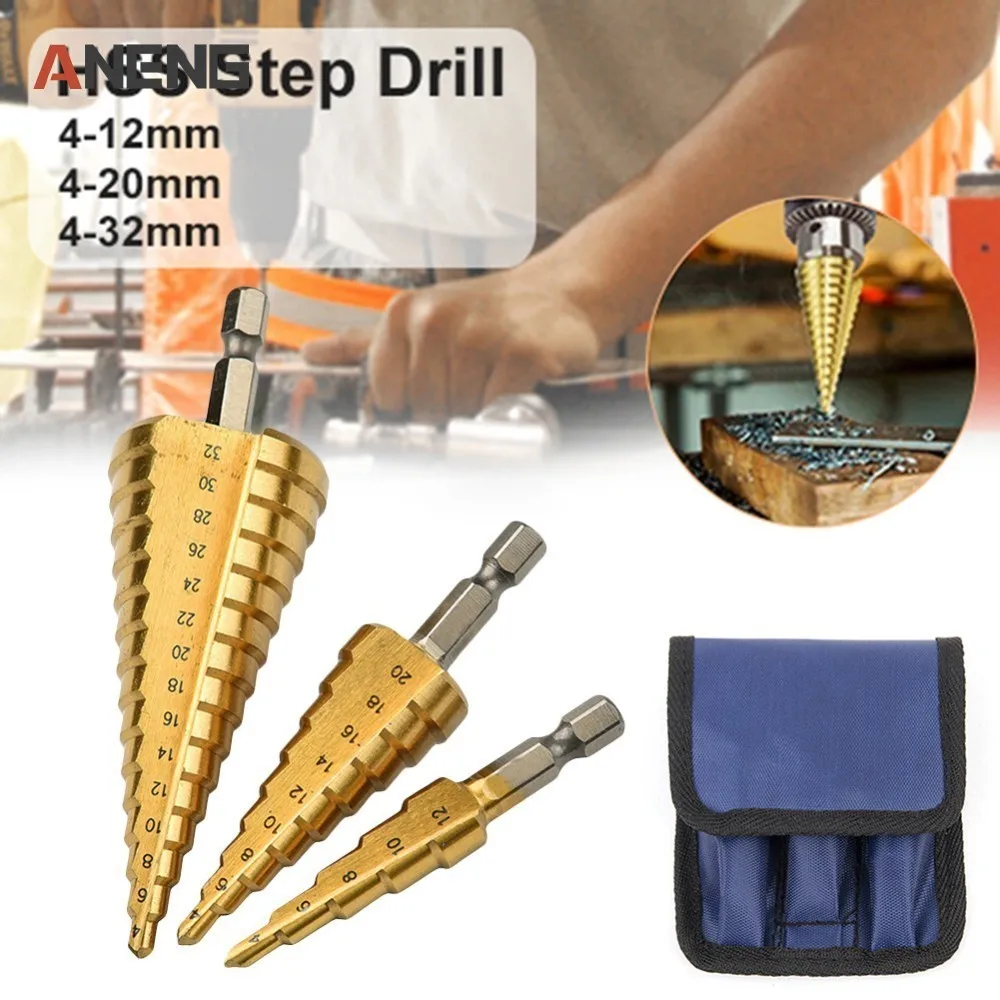 

3Pcs Set HSS Titanium 4-12/20/32mm Spiral Grooved Hex shank Metal Step Drill Bit Hole Cutter Cone Core Drilling Hole Saw Tool