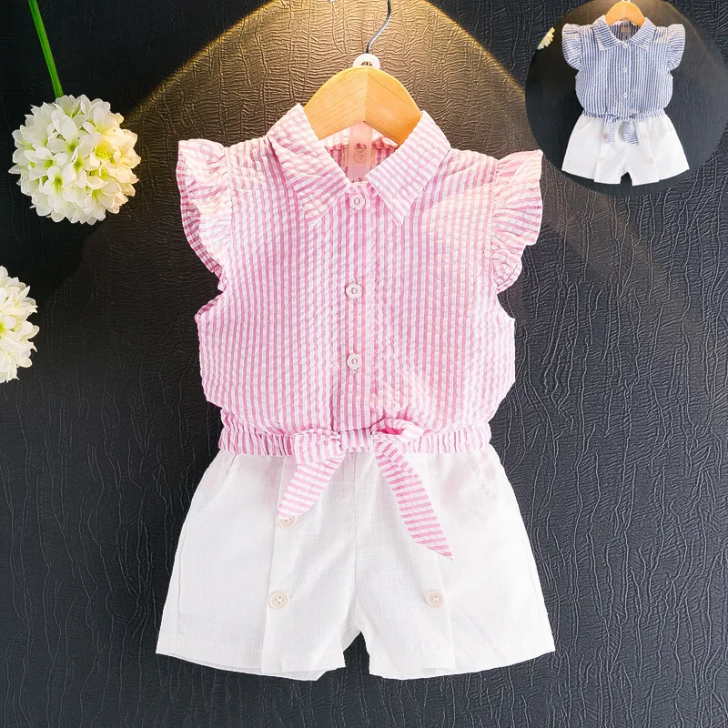 

2018 Girls Clothing Sets New Summer Kids Clothes Sleeveless Striped T-shirt+White Short Pants 2Pcs Suits For 3-7 Years