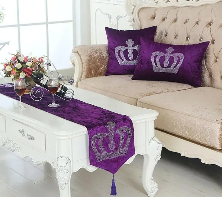 

European Style Luxurious Velvet Table Runner Table Cover With Glitter Stone Crown Designs Home Textile Collection