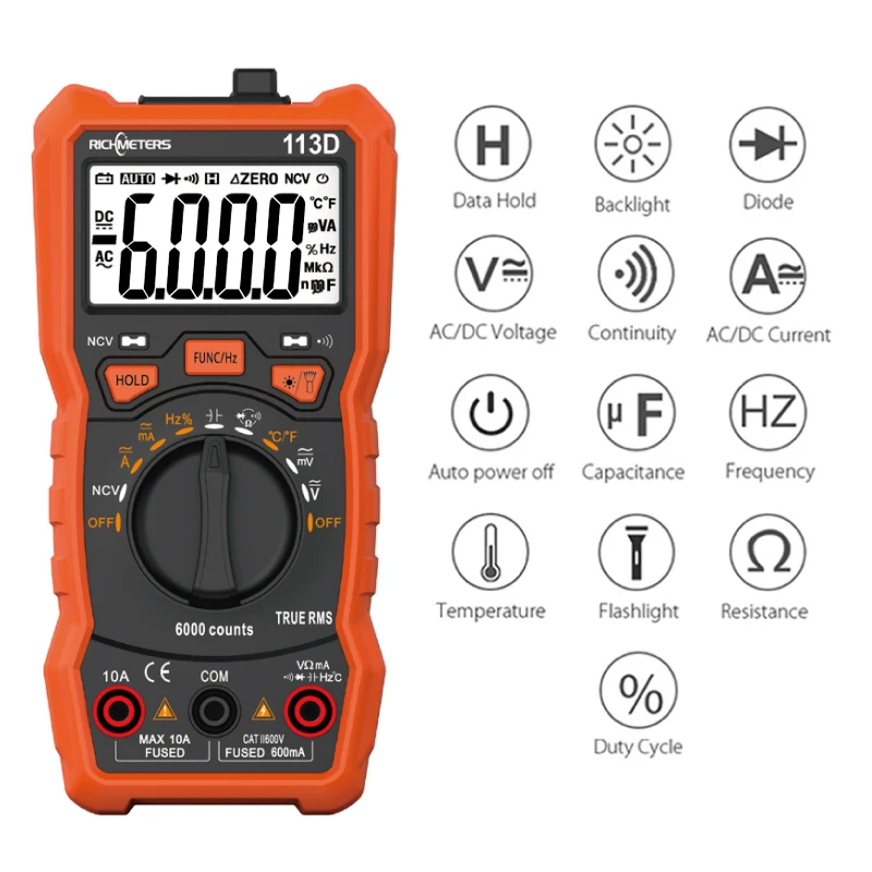 

RM113D NCV Digital Multimeter 6000 counts Auto Ranging AC/DC voltage meter Flash light Back light Large Screen 113A/D