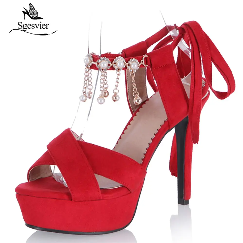 

Sgesvier Summer Women Sandals Thick Chunky Heel Platform Beading Party Shoes Sexy Peep Toe Lace Up Ladies Summer Sandals B565