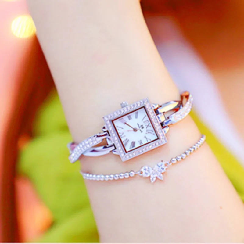 

Elegant Ladies Quartz Watch Square Small Cross Chain Watch Custom Full Rhinestone Female Watch