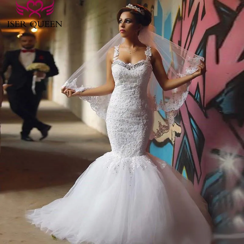 

Spaghetti straps Crystal Vintage Mermaid Wedding Dress Pure White Color Embroidery Appliques Illusion Back Wedding Dresses W0239