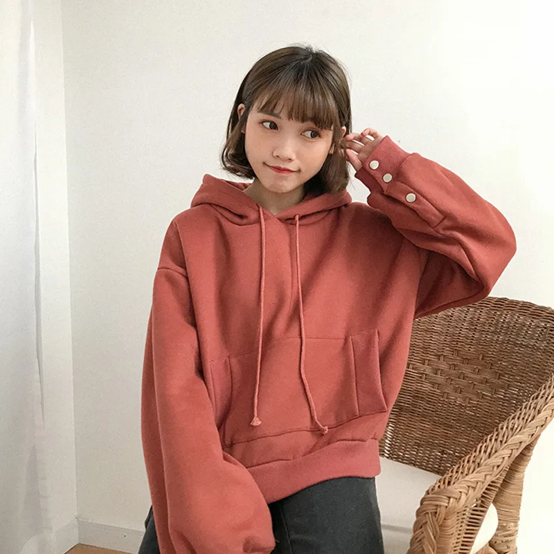 3 colors Korean  Harajuku Women Casual Hoodies  Cute Button 