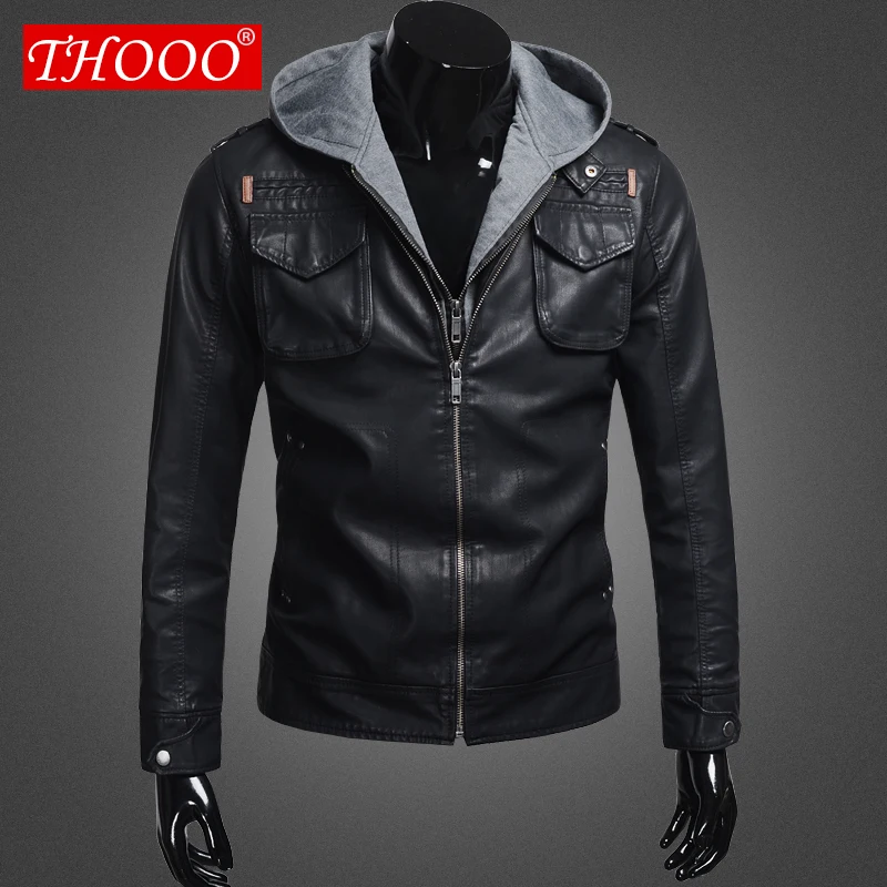 THOOO new wholesale Short Hooded PU leather jacket Blacks MEN'S JACKET