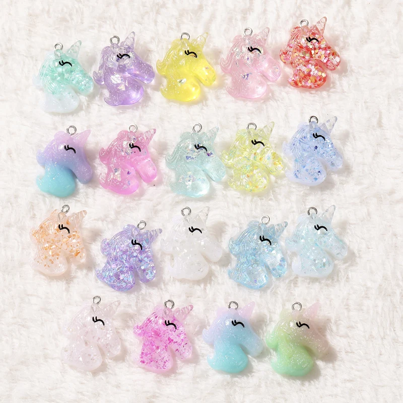 

20pcs many styles unicorn charms glitter Unicorn head Jewelry necklace pendant keychain charms for DIY decoration