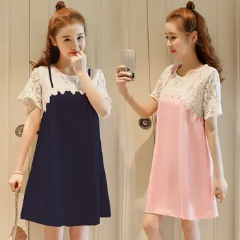 

2018 new summer pregnant women lace stitching fake two-piece dress Korean fashion maternity clothes