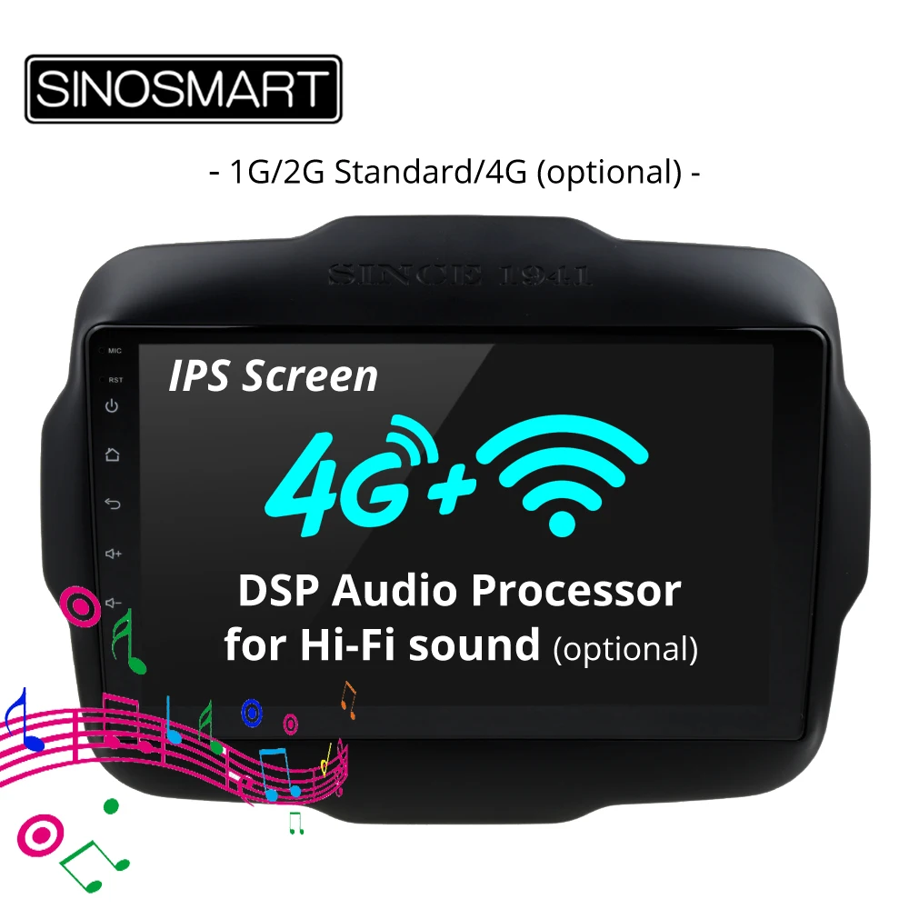 

SINOSMART IPS/QLED Screen 1G/2G Car Radio GPS Navigation Player for Jeep Renegade 2015-2019 32EQ DSP, 4G SIM Card Slot Optional