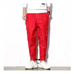 2018 последние Мужские брюки карго красные, черные зеленый Мода уличной хип-хоп бегунов Брюки Для мужчин однотонные хлопковые мульти-карман