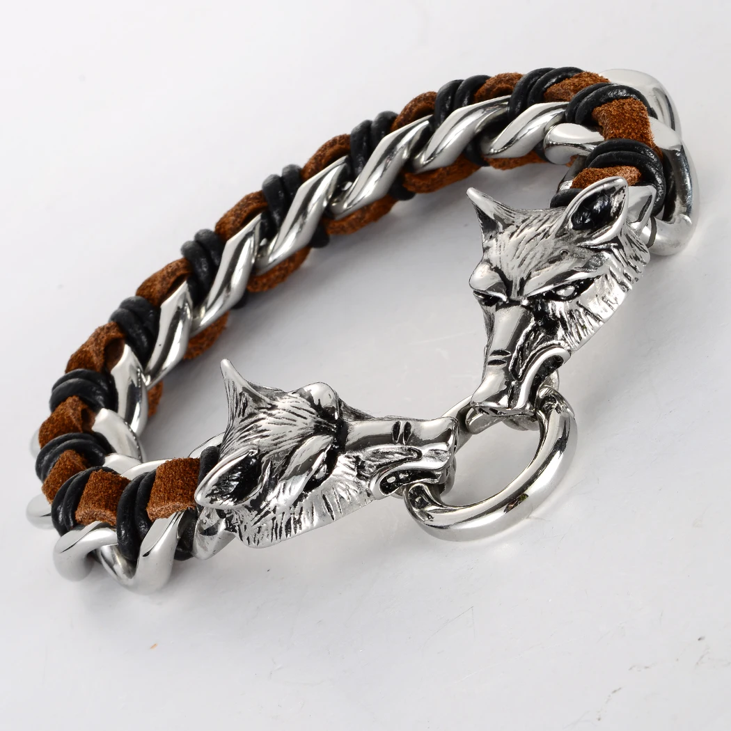 Baratos Pulsera de cuero de lobo de acero inoxidable para hombre 316L biker heavy jewelry gifts silver gold tone KL03 venta al por mayor dropship 8,5\
