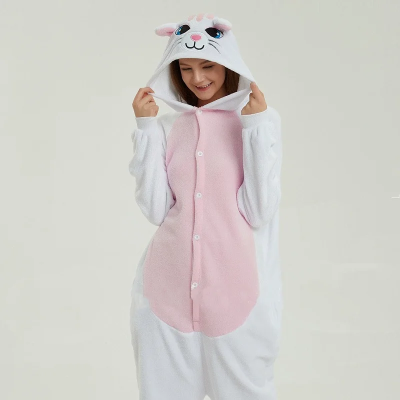 New 2019 Cute White Cat Onesie Kigurumi Women Long Sleeve Animal Cats Pajama Winter Overalls Pyjama Hooded Onesies For Adult