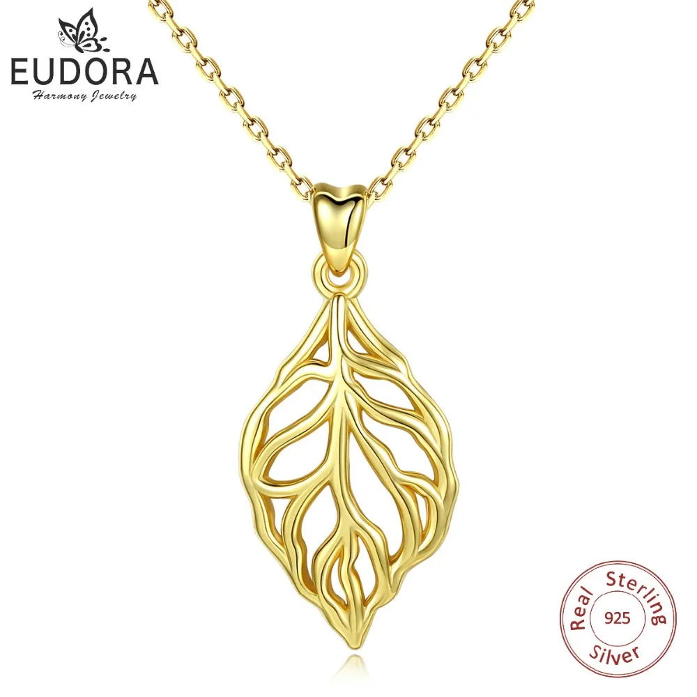 

EUDORA 925 Sterling Silver Gold Color Tree Leaf Pendant Necklace Women Jewelry Lucky leaves Charm Girl Gift D279