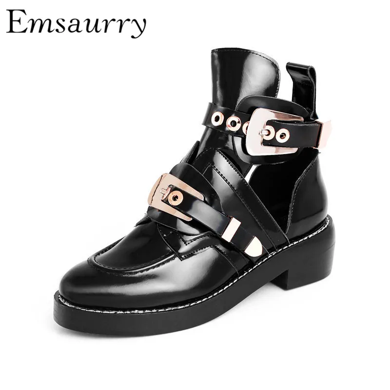

British Style Martin Boots Retro Cut Outs Black Ankle Boots Thick Heel Studded Buckle Motorcyle Boots Women